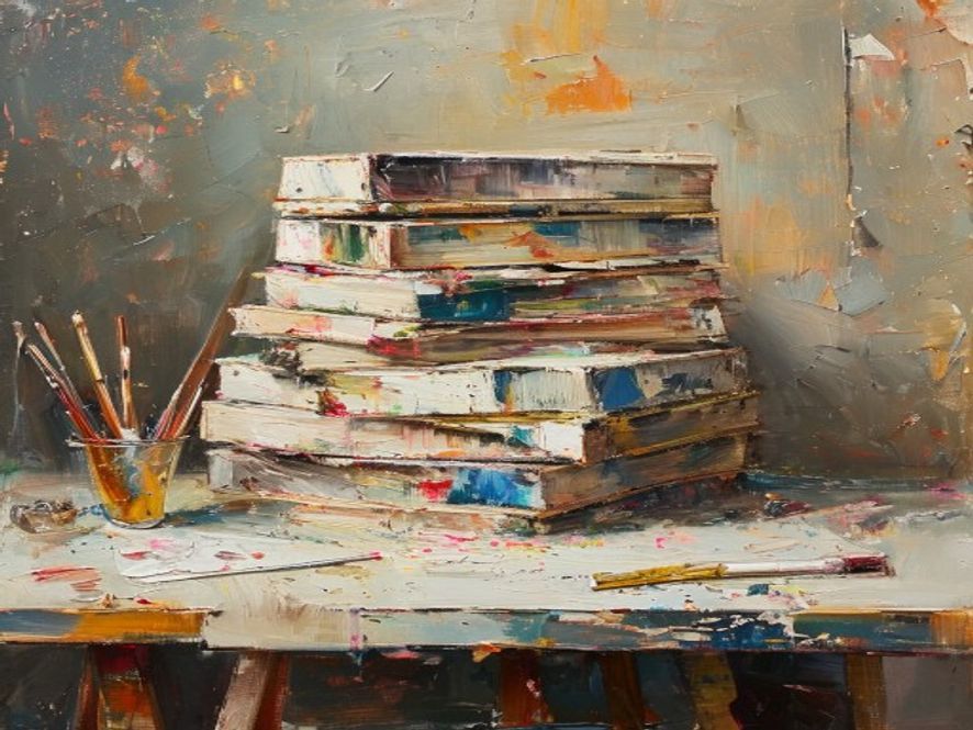 Oil painting of stacked art books and a drafting triangle on a studio table