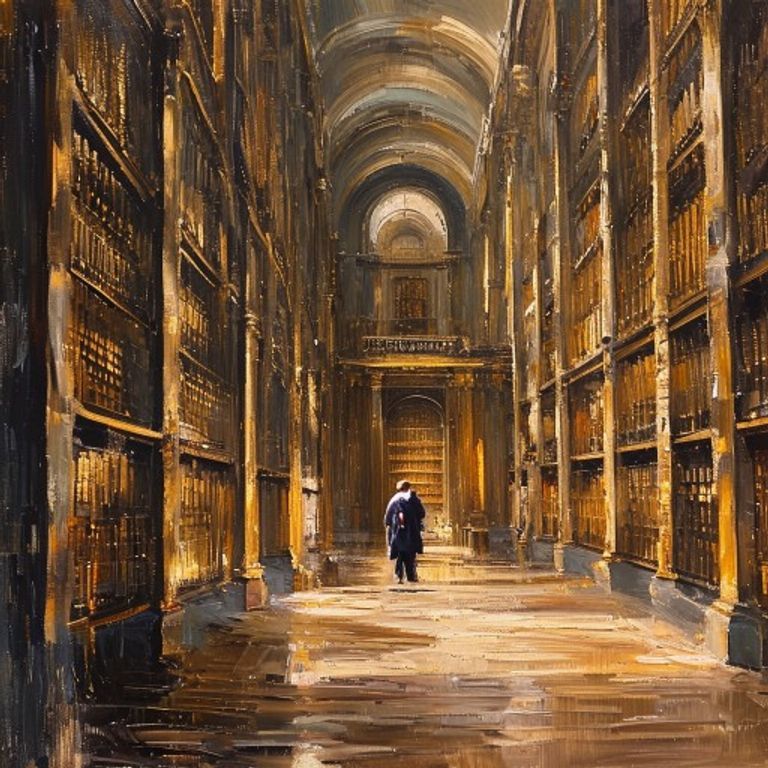 Oil painting of a vast library archive with a figure consulting an indexed ledger
