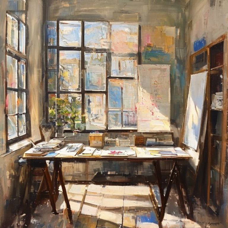 Oil painting of an interior designer's atelier with fabric swatches and mood boards
