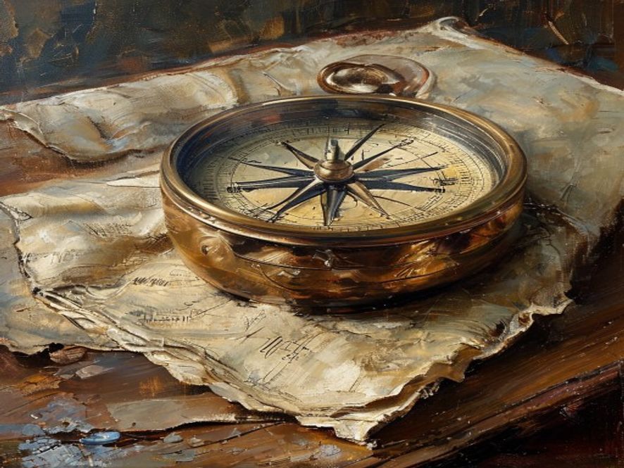 Oil painting of a compass and folded map on a walnut desk with soft morning light