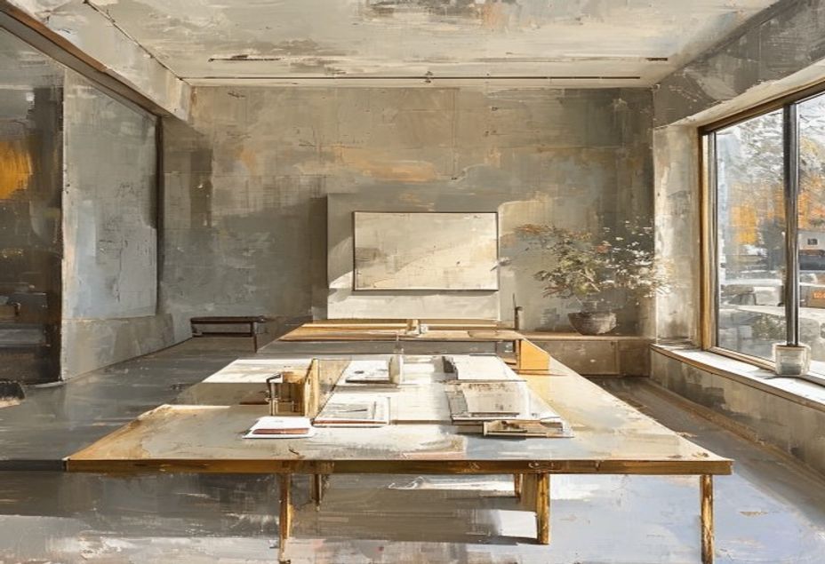 Oil painting of an architecture firm studio with a worktable of models and drawings