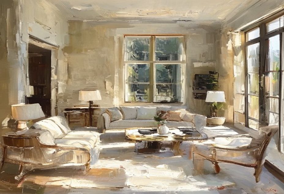 Oil painting of a refined residential interior designed by a boutique studio