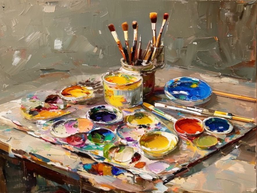 Oil painting of a gallery price list and small sculpture under soft north light