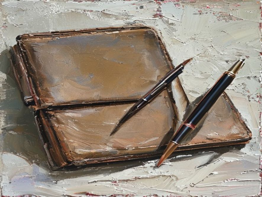 Oil painting of a leather portfolio and fountain pen on a marble table