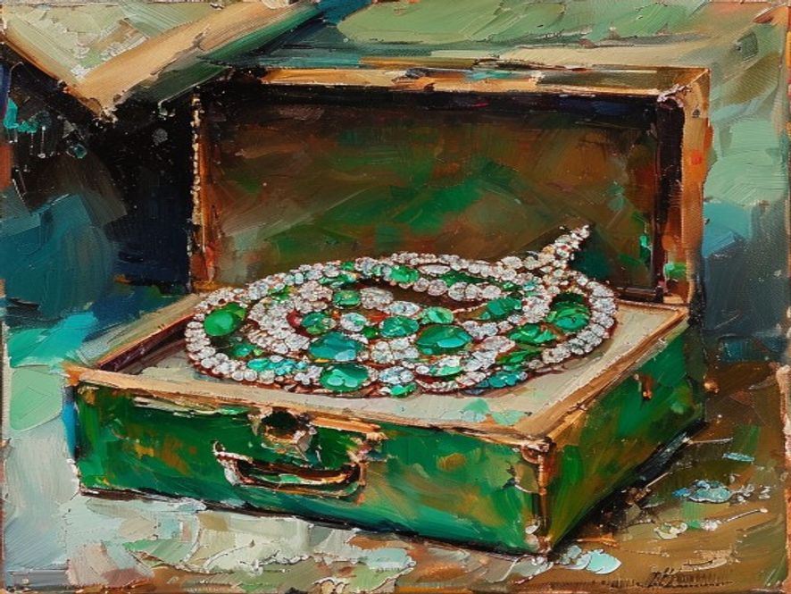 Oil painting of a refined brand atelier table with fabric swatches and a quiet laptop