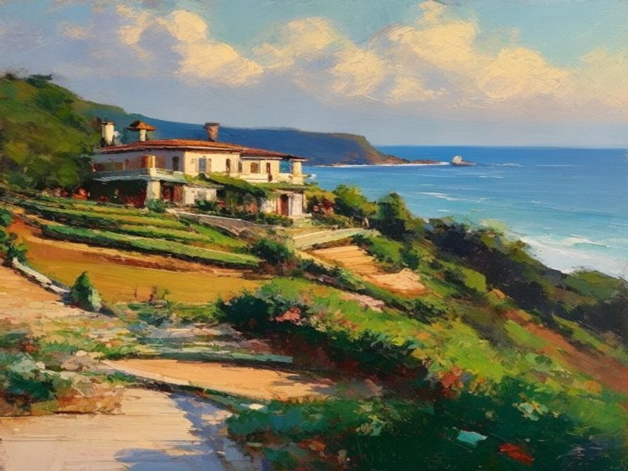 Oil painting of a modern hillside residence at blue hour, glass and stone facade reflected in a still pool, elegant and quiet