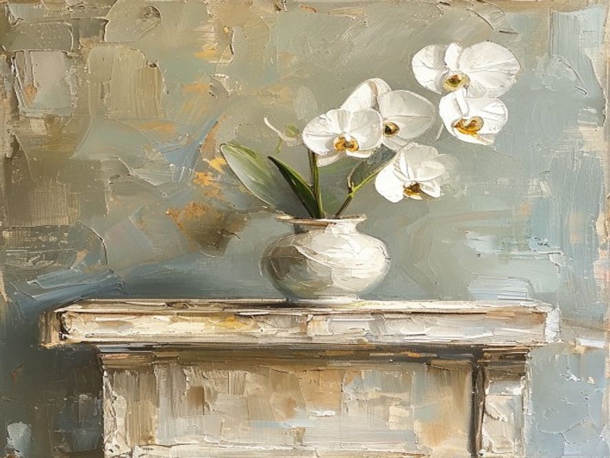 Oil painting of a refined studio reception desk with a single white orchid