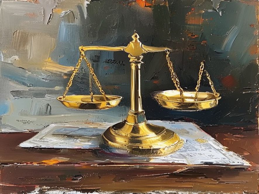 Oil painting of a brass balance scale beside architectural drawings on a dark desk