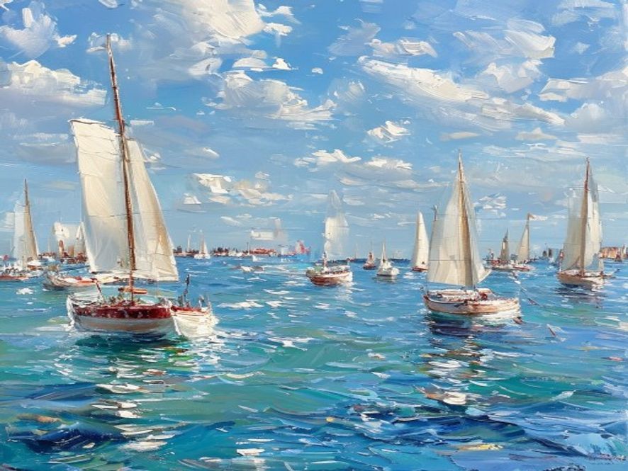 Oil painting of a white superyacht at anchor in calm blue water at dusk, with soft golden light on the hull and distant hills