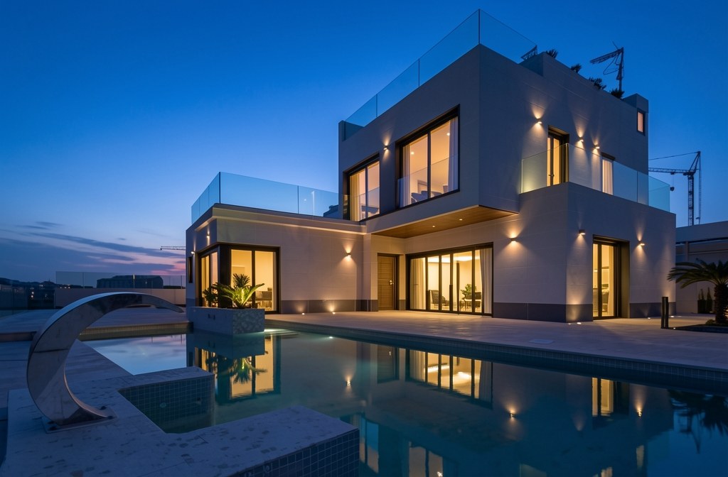 Same villa after virtual twilight blue-hour conversion